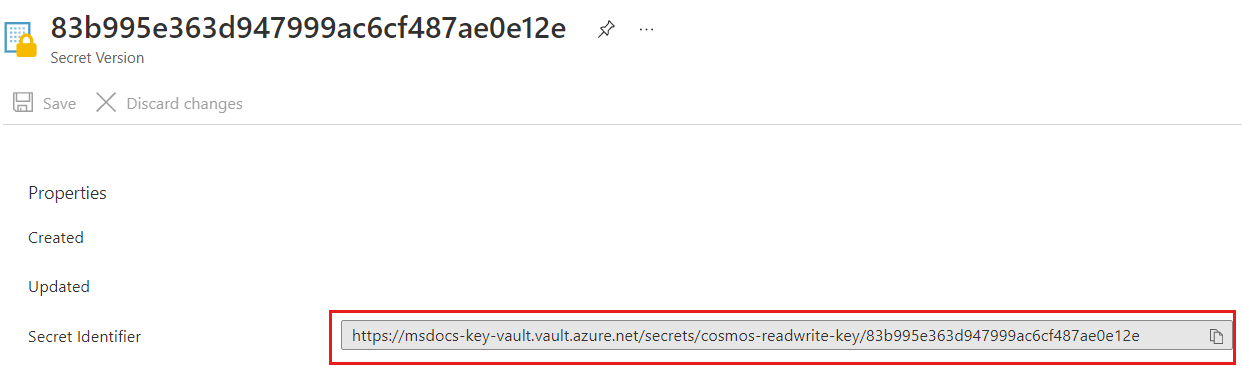 Screenshot: Geheimnis-ID für ein Key Vault-Geheimnis namens „cosmos-readwrite-key“