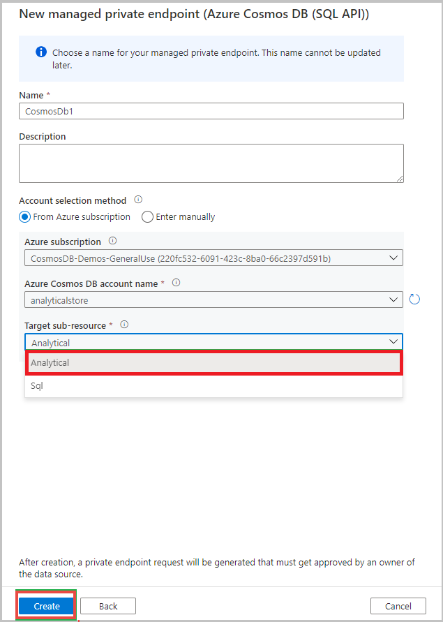 Auswählen der Option „Analytisch“ für die untergeordnete Zielressource