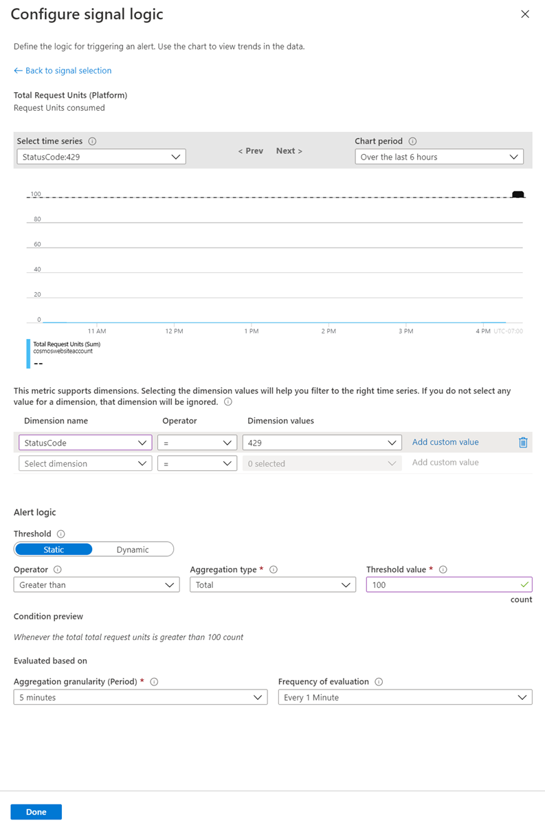 Konfigurieren der Logik zum Empfangen von Warnungen für Anforderungen mit Ratenbeschränkung/Statuscode 429