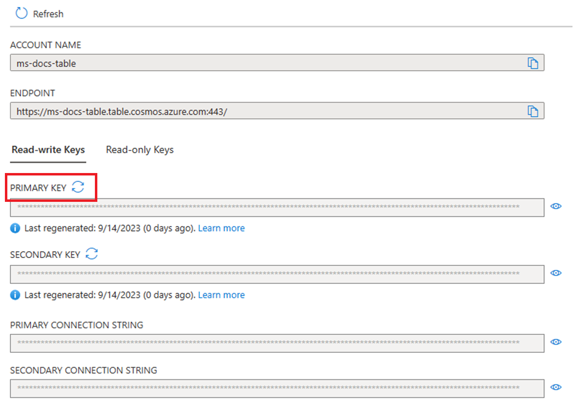 Screenshot, der zeigt, wie der Primärschlüssel im Azure-Portal neu generiert wird, wenn er mit der Table-API verwendet wird.