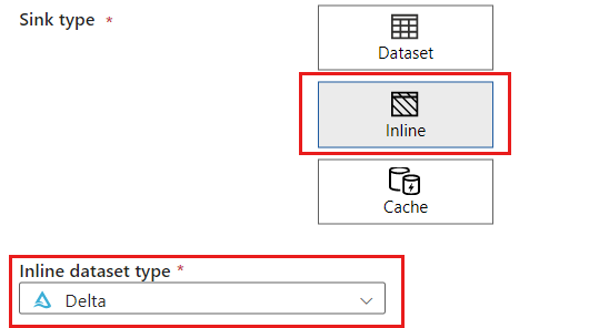 Screenshot: Auswählen des Inline-Delta-DataSet-Typs für die Senke