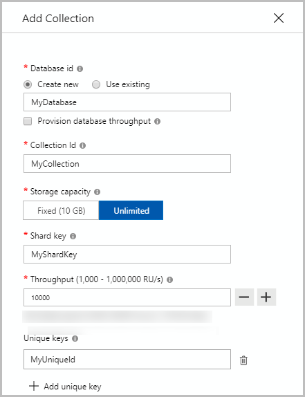 Screenshot von Azure Cosmos DB for MongoDB, Dialogfeld „Container hinzufügen“