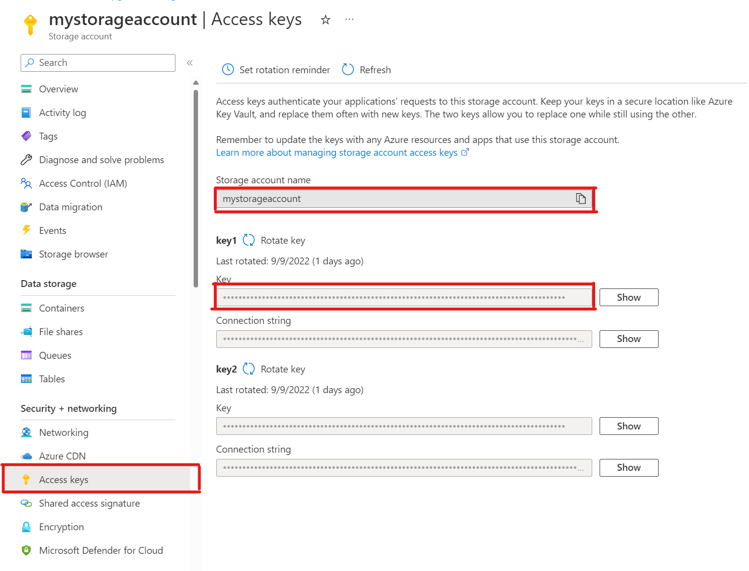 Screenshot von Sicherheit + Netztechnologie > Greifen Sie im Azure-Portal auf Abschnitt „Zugriffsschlüssel“ einer Azure Blob Storage-Seite zu.