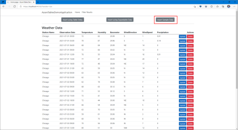 Screenshot: Anwendung mit der Position der Schaltfläche zum Einfügen von Beispieldaten.