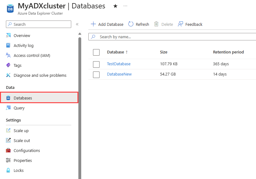 Screenshot des Datenbankabschnitts des Clusters mit einer Liste der darin enthaltenen Datenbanken