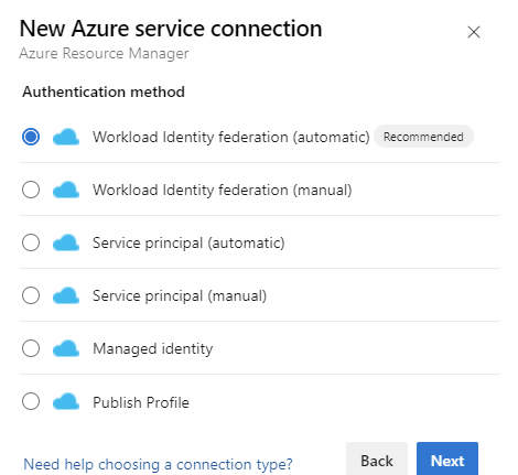 Screenshot der Authentifizierungsoption für eine Azure Resource Monitor-Dienstverbindung.