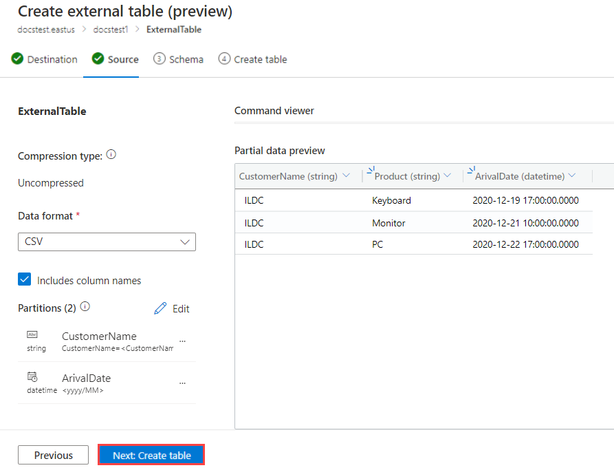 Screenshot: Schema der externen Tabelle in Azure Data Explorer