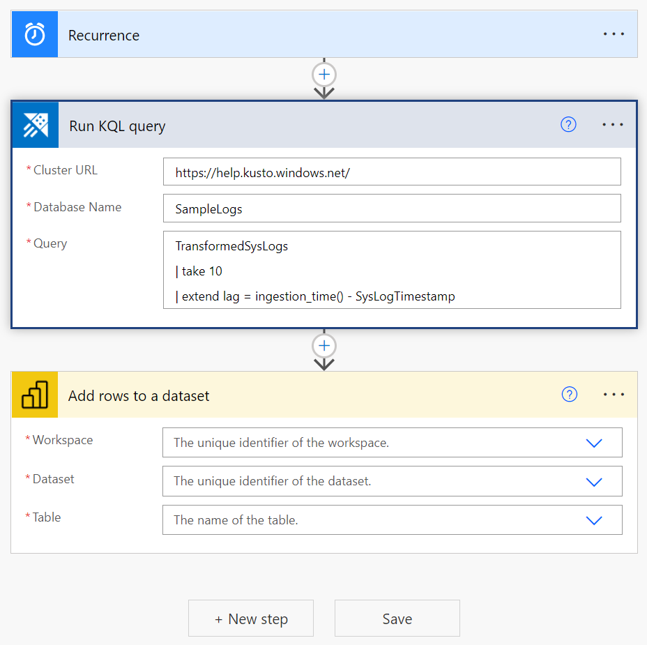 Screenshot: Power BI-Connector, der eine Zeile zu einer Datasetaktion hinzufügen zeigt.