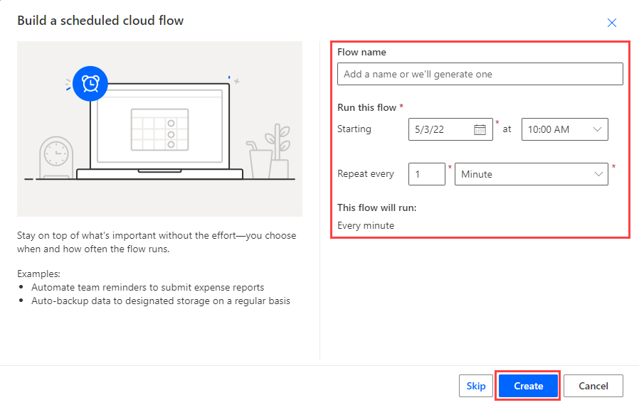 Screenshot: Seite „Geplanten Flow erstellen“ mit hervorgehobener Option „Flowname“