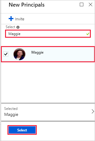 Screenshot: Seite „Neue Prinzipale“ im Azure-Portal. Ein Prinzipalname und ein Bild sind ausgewählt und hervorgehoben. Außerdem ist die Schaltfläche „Auswählen“ hervorgehoben.