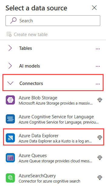 Screenshot der App-Seite mit einer Liste von Datenconnectors Der Connector mit dem Titel Azure Data Explorer ist hervorgehoben.