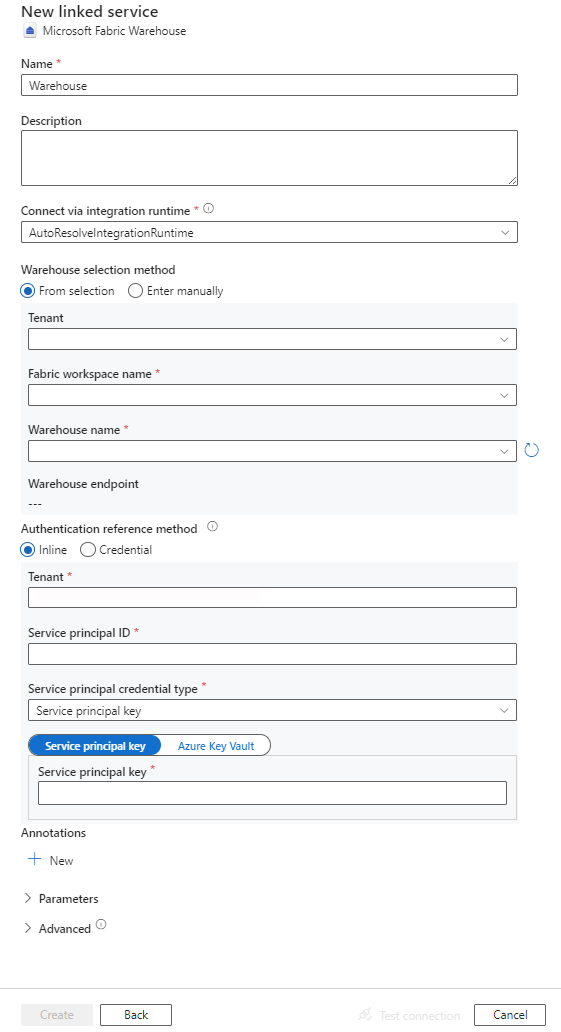 Screenshot der Konfiguration eines mit Microsoft Fabric Warehouse verknüpften Diensts