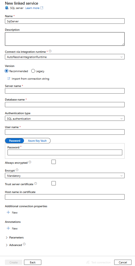 Screenshot der Konfiguration eines verknüpften Diensts für SQL Server