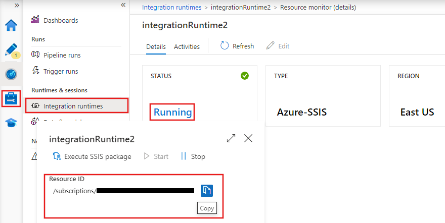 Screenshot, der die Auswahl zum Finden der Ressourcen-ID der Azure Data Factory SSIS IR zeigt.