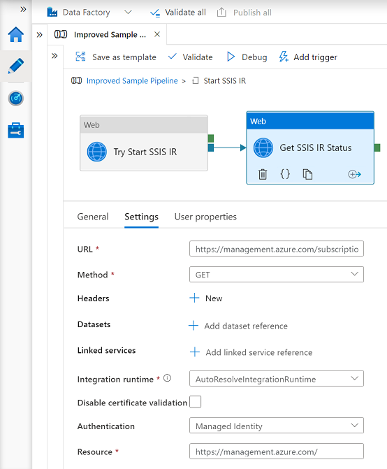 Screenshot, der die Einstellungen für die Webaktivitäten „Get SSIS IR Status“ (SSIS IR-Status abrufen) zeigt.