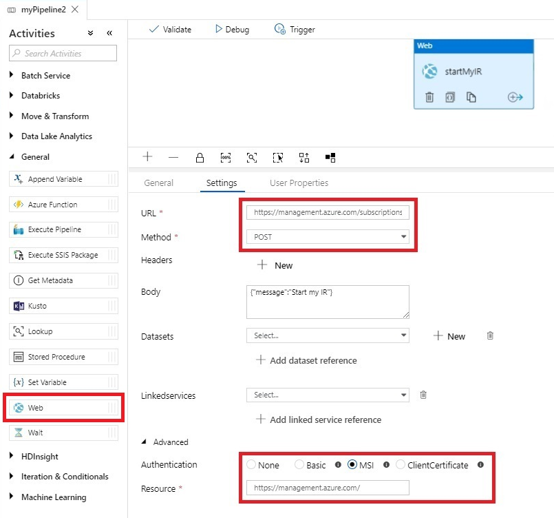 Screenshot, der die Einstellungen für einen Webaktivitätszeitplan für eine Azure Data Factory SSIS IR zeigt.