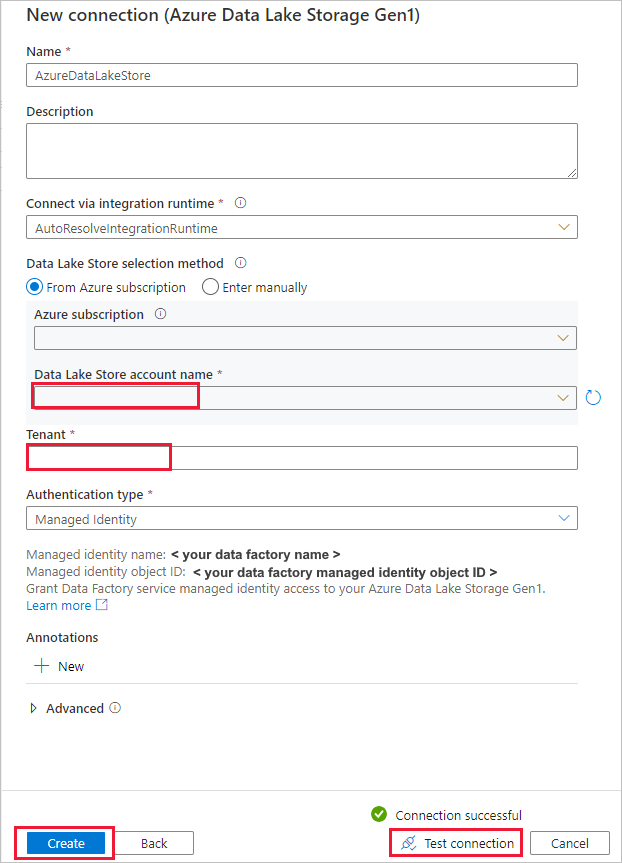 Screenshot der Konfiguration der Azure Data Lake Storage Gen1-Verbindung.