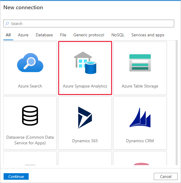 Auswählen von Azure Synapse Analytics