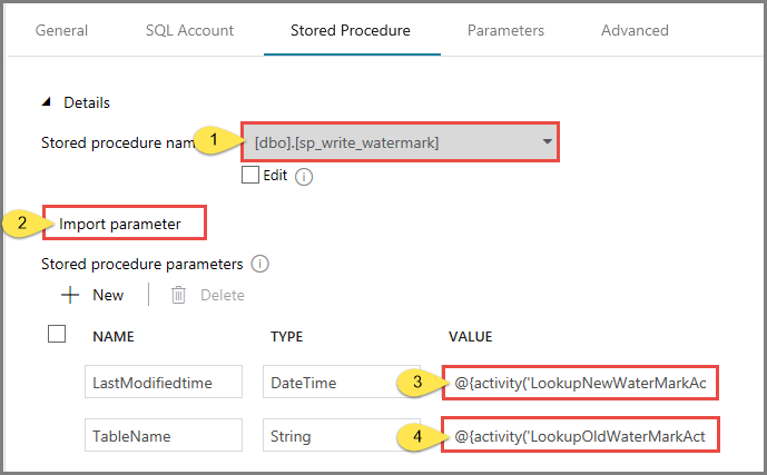 Stored Procedure-Aktivität – Einstellungen für gespeicherte Prozeduren