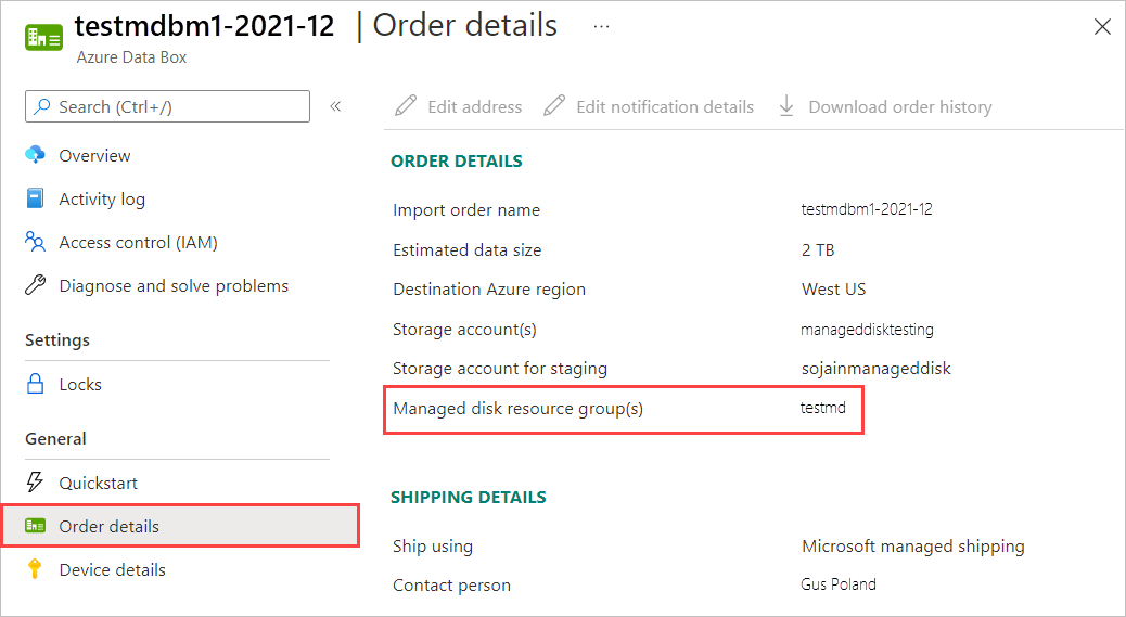 Screenshot des Bereichs „Bestelldetails“ für einen Data Box Disk-Importauftrag. Das Menüelement „Auftragsdetails“ und die Einstellung „Ressourcengruppen für verwaltete Datenträger“ sind hervorgehoben.