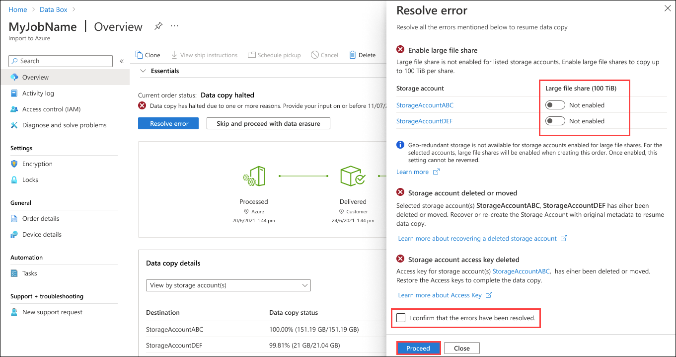 Screenshot: Bereich „Fehler beheben“ für mehrere wiederholbare Fehler aus einem Data Box-Upload. Die Schaltflächen „Nicht aktiviert“, die Bestätigungsaufforderung und die Schaltfläche „Weiter“ sind hervorgehoben.