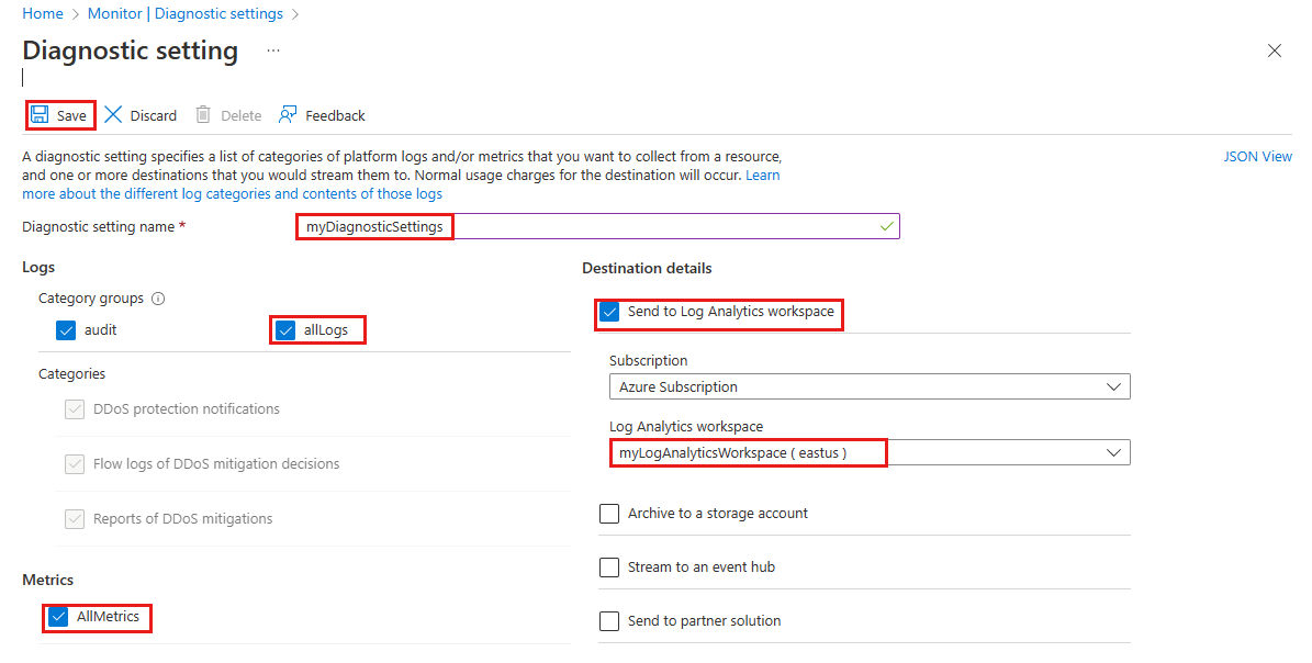 Screenshot: DDoS-Diagnoseeinstellungen in Azure.