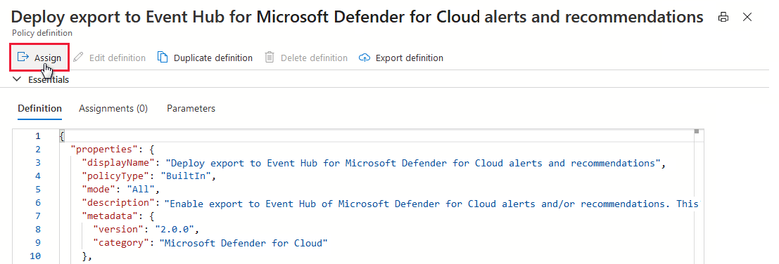 Der Screenshot zeigt die Zuweisung der Azure Policy.