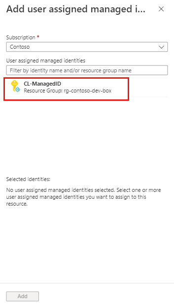 Screenshot des Bereichs zum Hinzufügen einer benutzerseitig zugewiesenen verwalteten Identität.