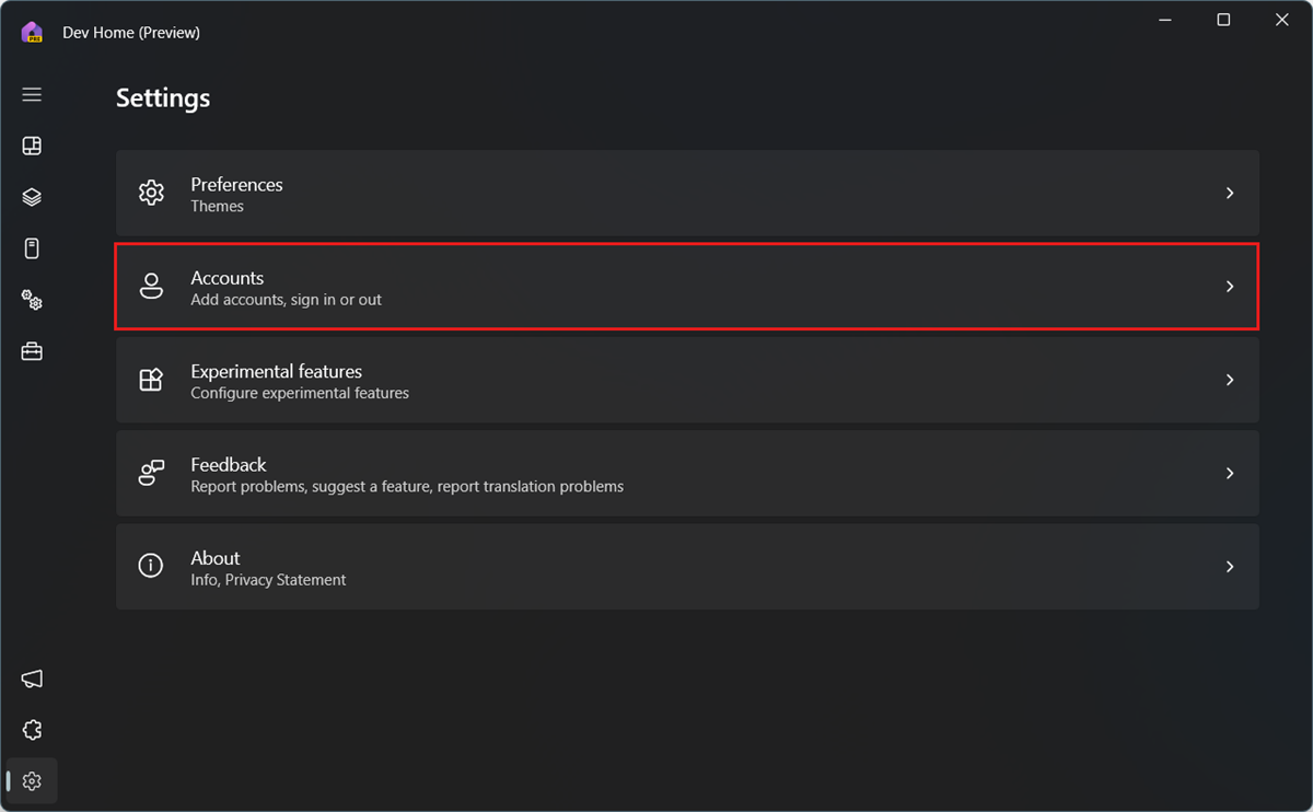 Screenshot: Die Seite „Einstellungen“ in Dev Home mit hervorgehobener Option „Konten“