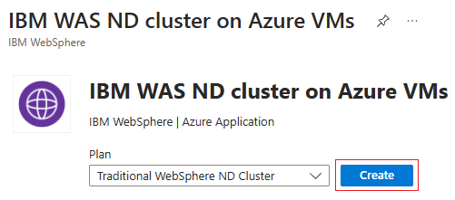 Screenshot des Azure-Portals, das den IBM WAS ND-Cluster im Azure VMs-Angebot zeigt.