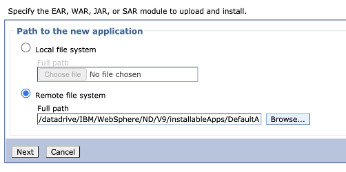 Screenshot des IBM WebSphere-Dialogfelds „Angabe des EAR-, WAR-, JAR- oder SAR-Moduls zum Hochladen und Installieren“.