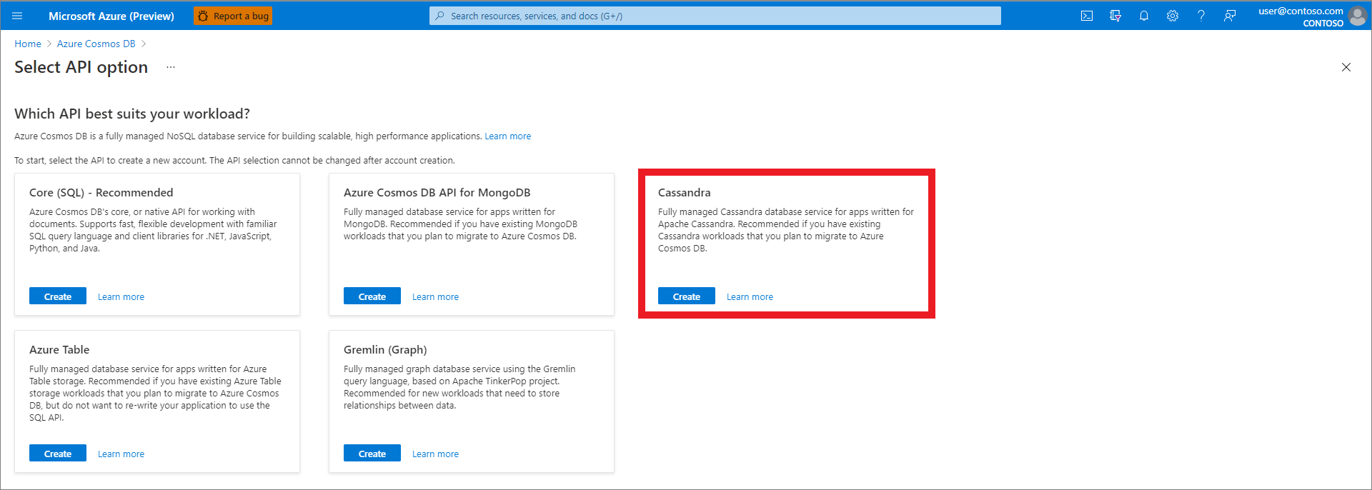 Azure-Portal, Ressource erstellen, API-Option auswählen, Auswahl von „Cassandra“