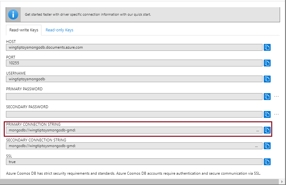 Rufen Sie Ihre Azure Cosmos DB-Verbindungszeichenfolge ab.