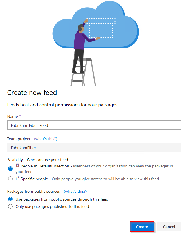 Screenshot, der zeigt, wie Sie einen neuen Feed in Azure DevOps 2019 erstellen.