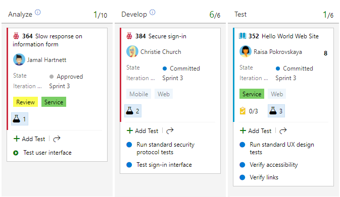 Screenshot von Tafel, 3 Spalten mit inlinetests hinzugefügt und mit Fehlern verknüpft.