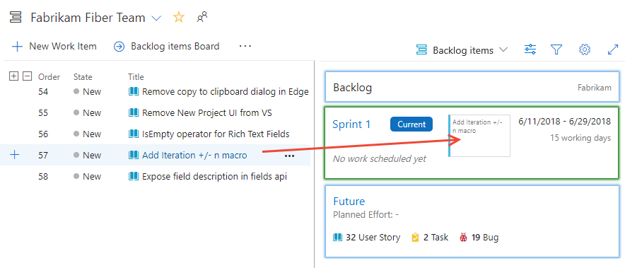 „Boards“>„Backlogs“>Verschieben von Elementen per Drag & Drop in einen Sprint