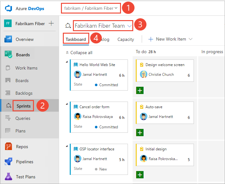 Screenshot, der zeigt, wie das Sprint-Taskboard für ein Team in Azure DevOps 2019 geöffnet wird.