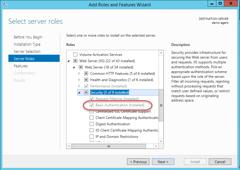 Screenshot der Konfiguration der Standardauthentifizierungsfunktion.