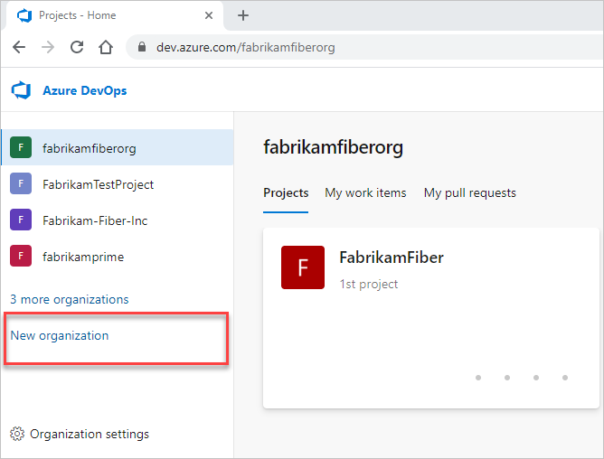 Wählen Sie Neue organization aus.