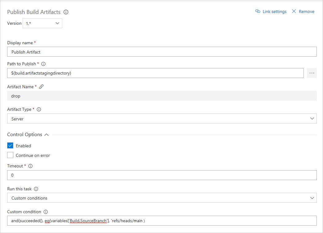 Screenshot: Hinzufügen einer benutzerdefinierten Bedingung zur Aufgabe zum Veröffentlichen von Buildartefakten