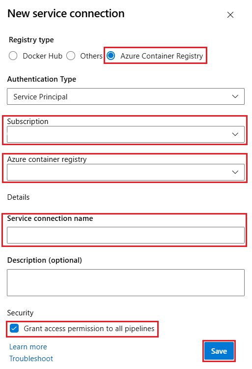 Screenshot der neuen Azure Container Registry Service-Verbindung.