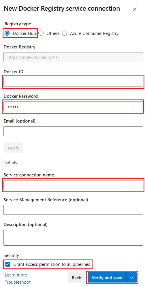 Screenshot des Dialogs Docker Hub-Dienstverbindung.