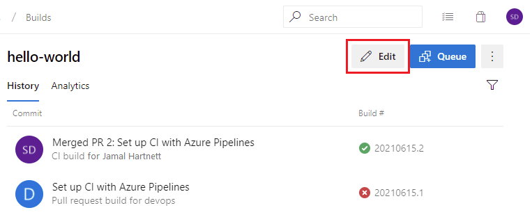 Schaltfläche „Bearbeiten“ für YAML-Code in Azure Pipelines (Azure DevOps Server 2019 Update 1)