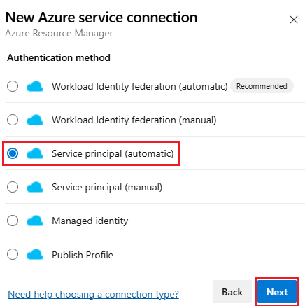 Screenshot, der die Auswahl einer Dienstprinzipal-Authentifizierungsmethode (automatisch) zeigt.