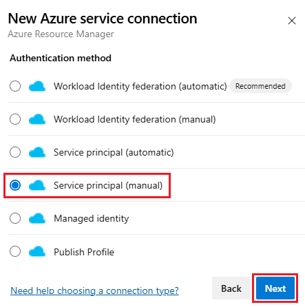 Screenshot, der die Auswahl einer Dienstprinzipal-Authentifizierungsmethode (manuell) zeigt.