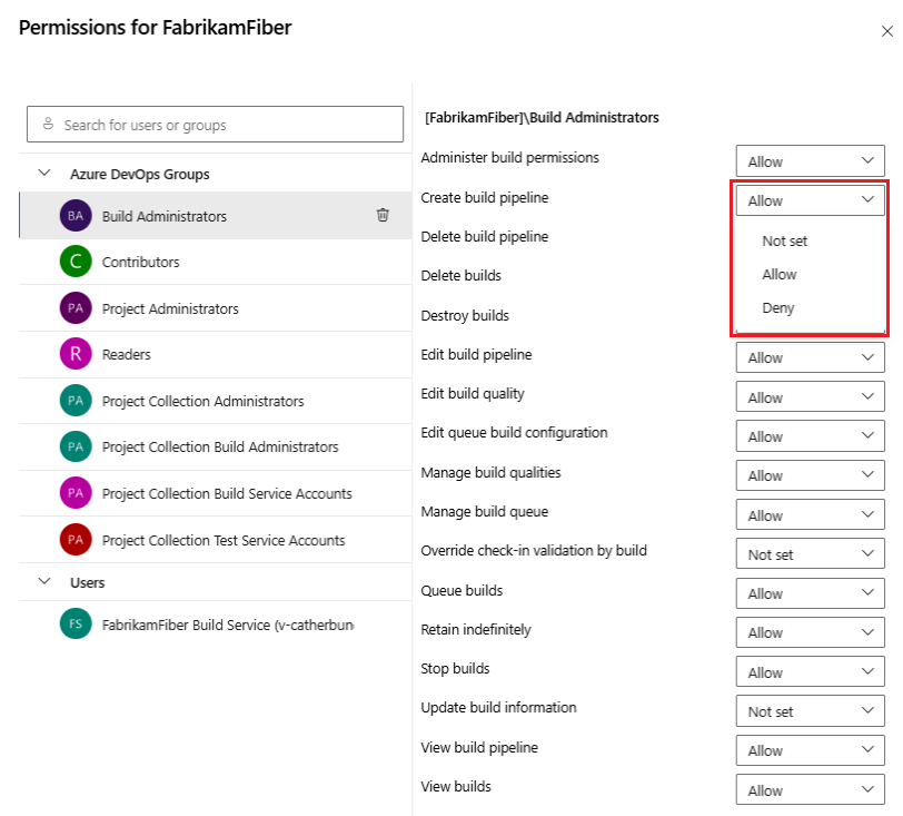 Screenshot des Sicherheitsdialogs für Pipelines auf Projektebene.