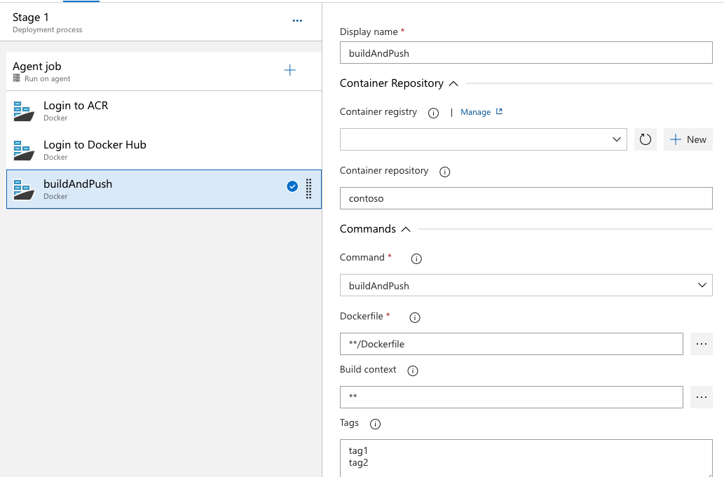 Screenshot der klassischen Pipeline mit Build und Push an zwei Docker-Containerregistrierungen.