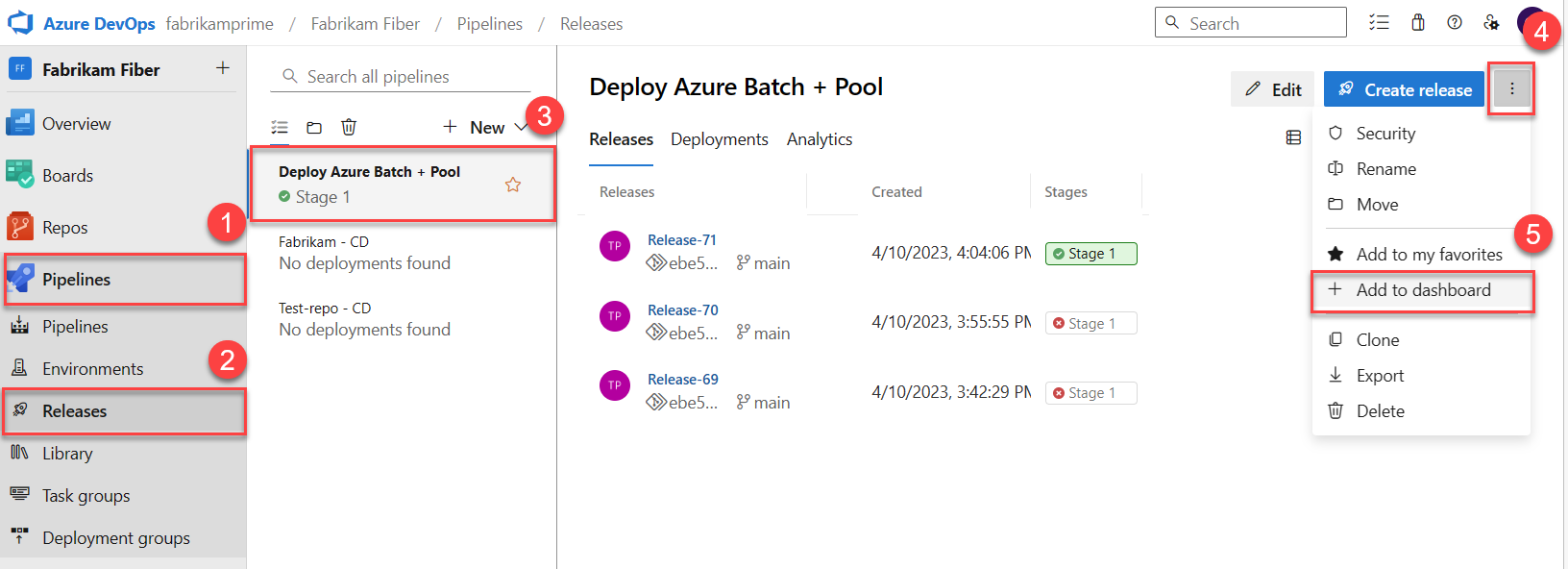 Screenshot: Hinzufügen eines Releasepipelinediagramms zu einem Dashboard