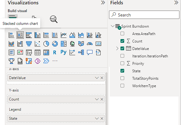 Screenshot der Auswahl von Power BI-Visualisierungen und -Feldern für den Bericht 