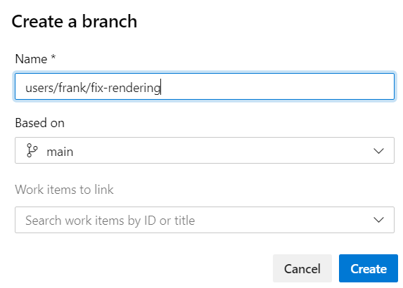 Screenshot: Erstellen eines Branchs mit dem Dialogfeld „Neuer Branch“.